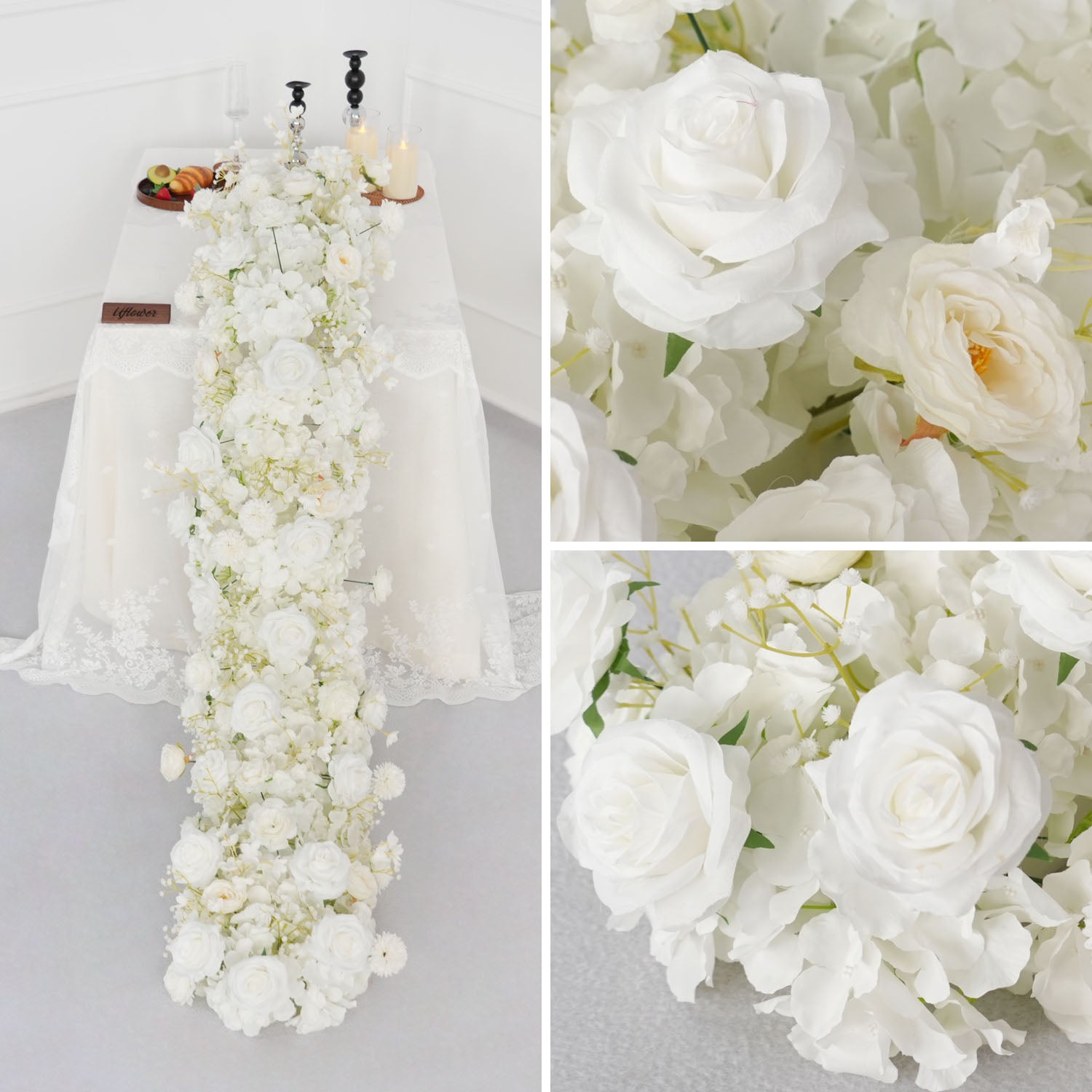 Uflower White Rose Table Runner Sofa Floral Wedding Backdrop Decor